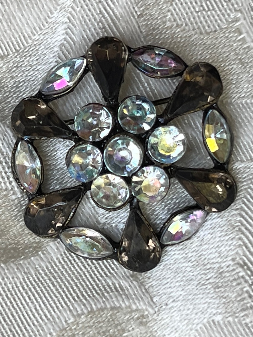 Vintage Crystal Teardrop Flower Cluster Brooch Smoke and Aurora Rhinestones